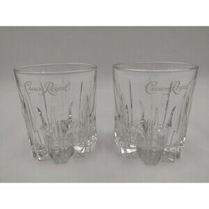 LOT Of 2—CROWN ROYAL Starburst White Cursive Logo Rocks Glasses ITALY Vintage